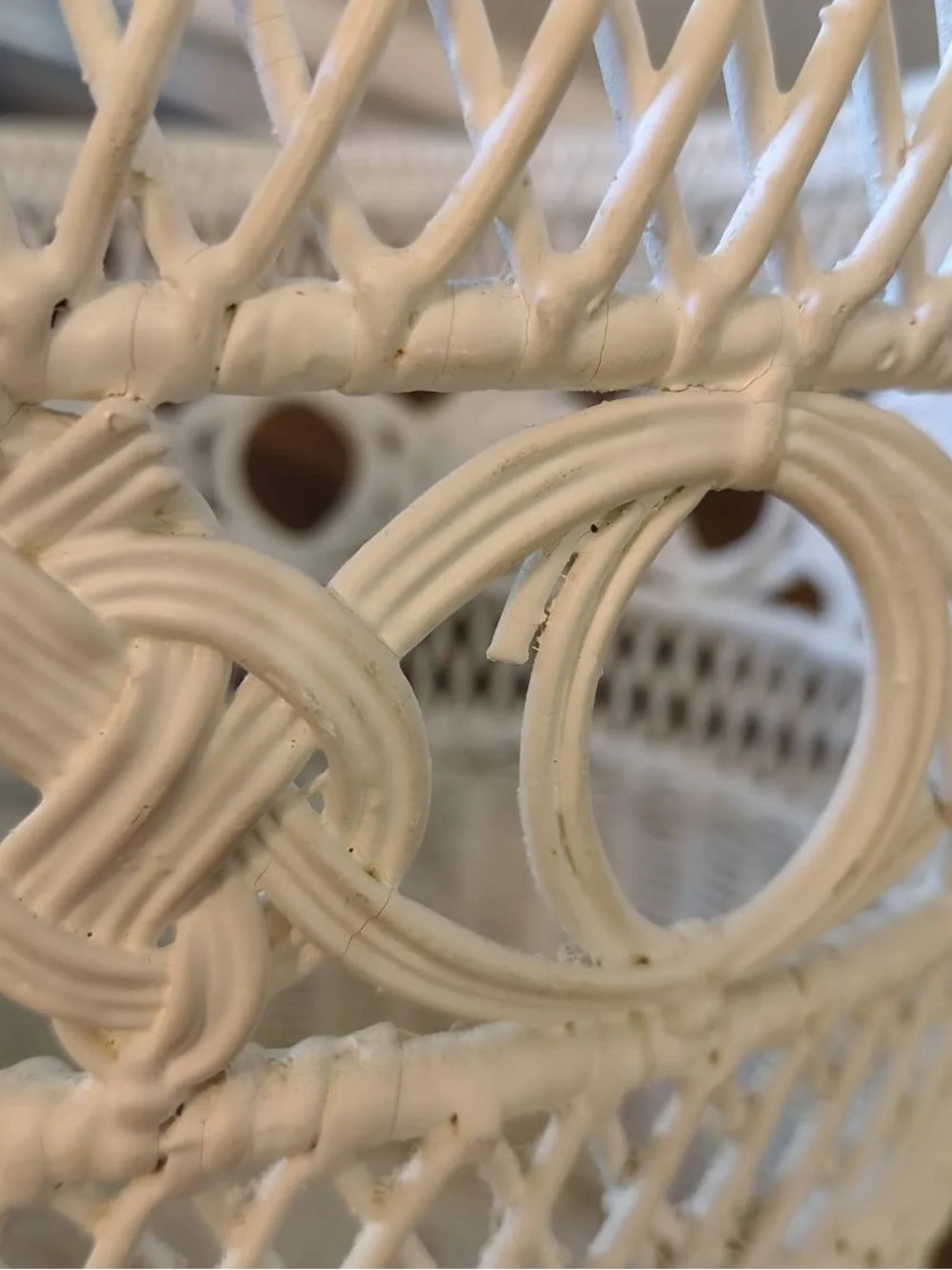 Vtg MCM Wicker Rattan Trash Can White Waste Basket Beachy Coastal Cottage